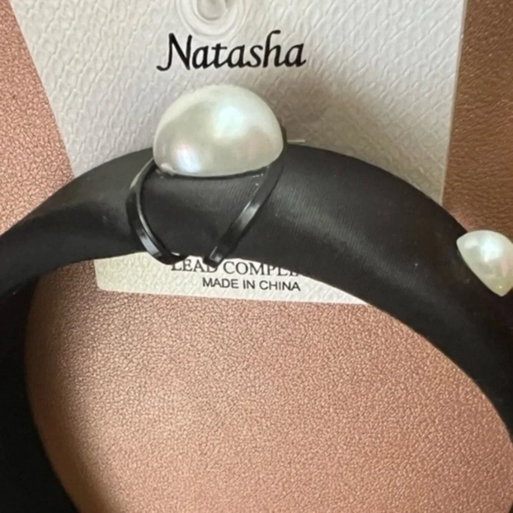 Natasha Elegant Black Satin Embellished Headband with Faux Pearl Accents::NWT::